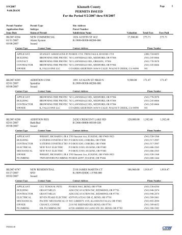 Klamath County PERMITS ISSUED For the Period 5/2/2007 thru 5/8 ...