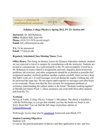 Syllabus, College Physics I, Spring 2012, PY 211 Section 601 ...