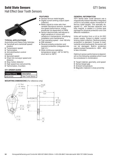 Solid State Sensors GT1 Series Hall Effect Gear Tooth Sensors