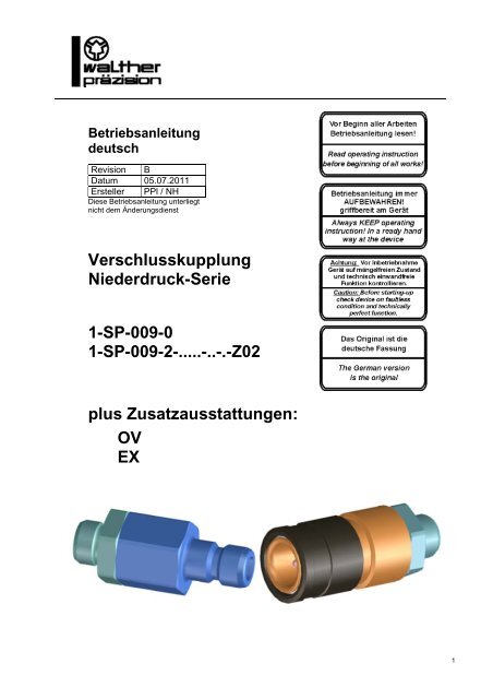 Niederdruck-Kupplung, Type SP-009-Z02, Rev-B - Carl Kurt Walther ...