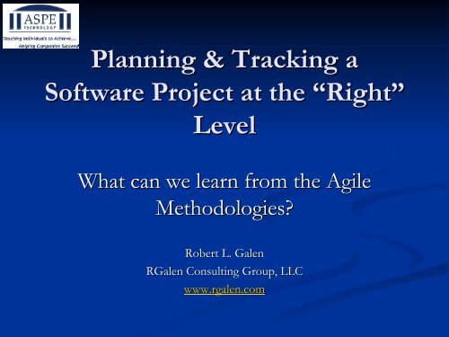 Planning & Tracking at the - ASPE – SDLC Training