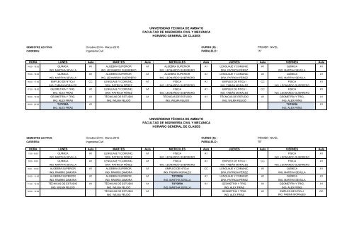 HORARIOS DE CLASE - Facultad de Ingenieria Civil y MecÃ¡nica