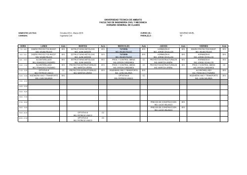HORARIOS DE CLASE - Facultad de Ingenieria Civil y MecÃ¡nica