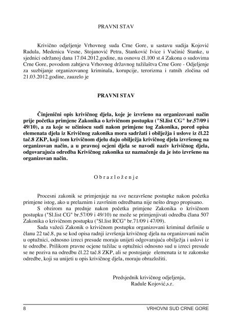 Bilten Vrhovnog suda za 1/2012. godinu - Sudovi Crne Gore