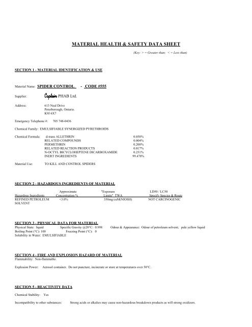 MSDS sheet for SPIDER CONTROL - Paynes Marine Group