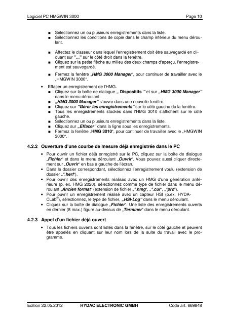 Logiciel PC HMGWIN 3000 Manuel - HYDAC