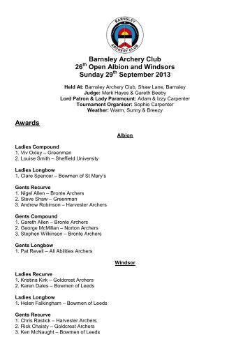 Barnsley Archery Club Albion & Windsors 2013 results - Yorkshire ...