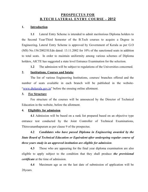 prospectus for b.tech lateral entry course - Directorate of Technical ...