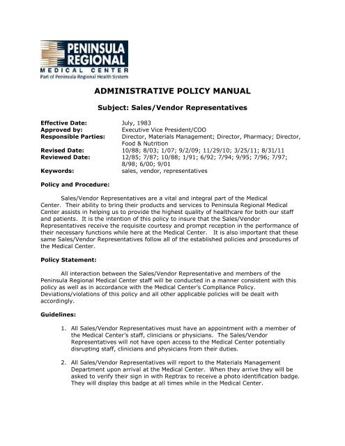 Sales &amp; Pharmaceutical Representatives Policy - Peninsula ...