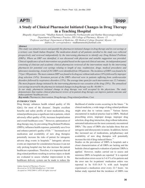 APTI ijopp - Indian Journal of Pharmacy Practice