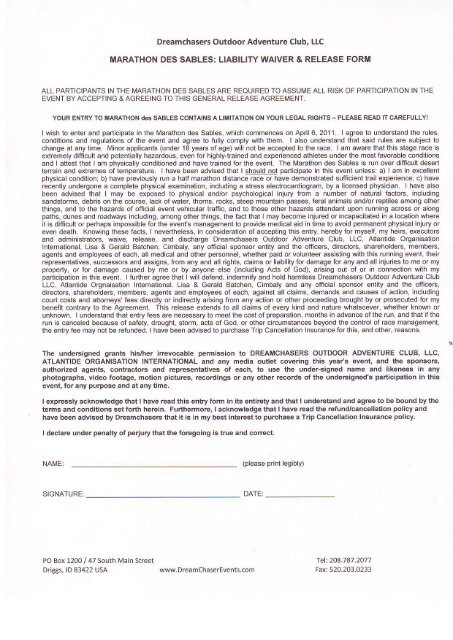LIABILITY WAIVER & RELEASE FORM - Dreamchasers Outdoor ...