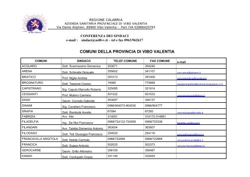 elenco dei comuni - Azienda Sanitaria Provinciale di Vibo Valentia