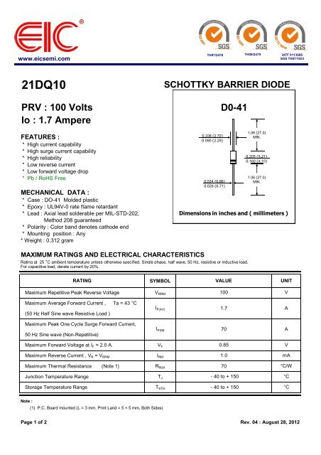 21DQ10 SCHOTTKY BARRIER DIODE PRV : 100 Volts Io - EIC