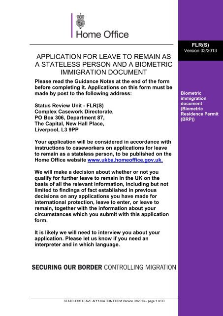 Form FLR(S) - UK Border Agency - the Home Office