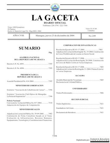 Gaceta - Diario Oficial de Nicaragua - # 249 de 23 Diciembre 2004