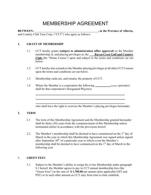 Membership Agreement - Country Club Tour