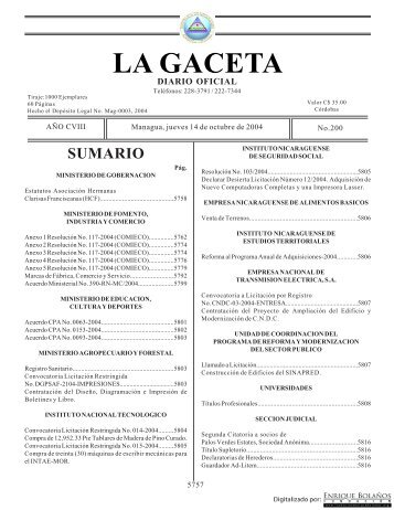 Gaceta - Diario Oficial de Nicaragua - # 200 de 14 Octubre 2004