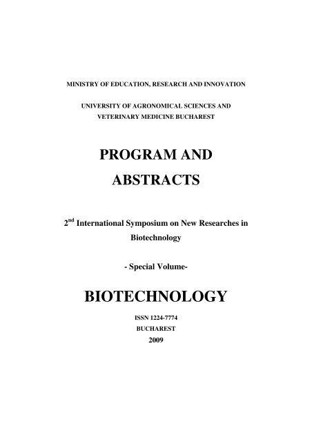 New Researches in Biotechnology - Facultatea de Biotehnologii