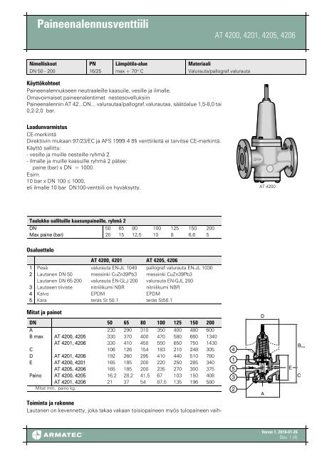 EsiteTuotetiedosto Paineenalennusventtiili - Armatec
