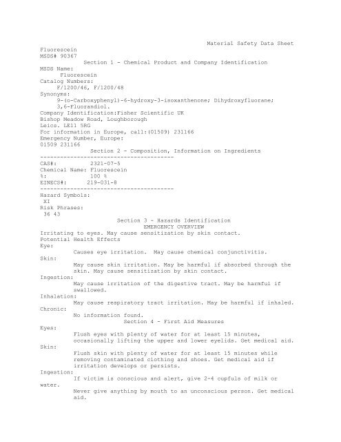 Material Safety Data Sheet Fluorescein MSDS# 90367 Section 1 ...