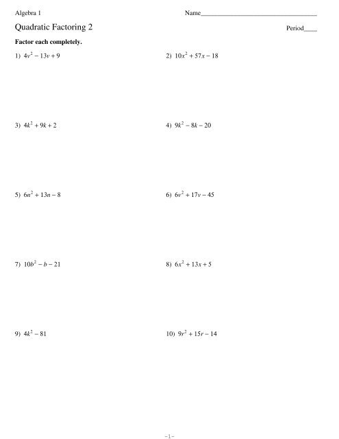 Algebra 1 - Quadratic Factoring 2