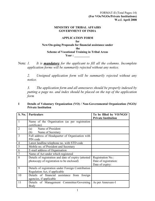 Application format for Vocational Training Centers in tribal areas