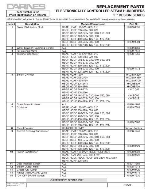 PART HB&HC Steam Humidifier-"F" Design Series - Carnes Company