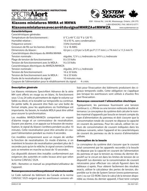 Instructions d'installation - System Sensor Canada