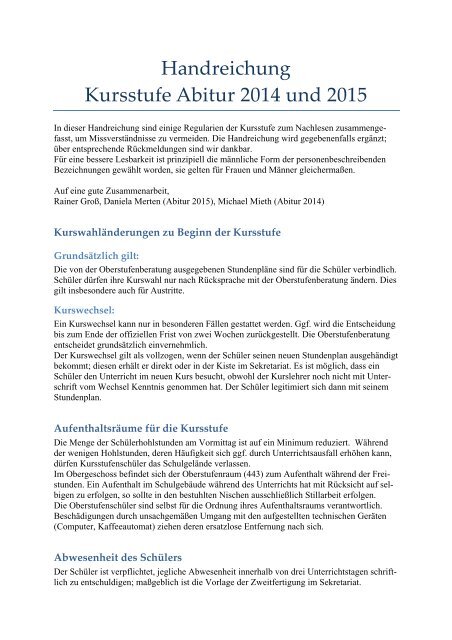 Handreichung Kursstufe Abitur 2014 und 2015