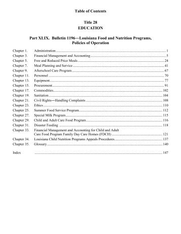 Table of Contents Title 28 EDUCATION Part XLIX. Bulletin 1196 ...