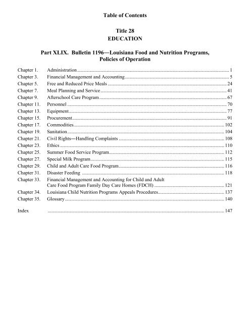 Table of Contents Title 28 EDUCATION Part XLIX. Bulletin 1196 ...