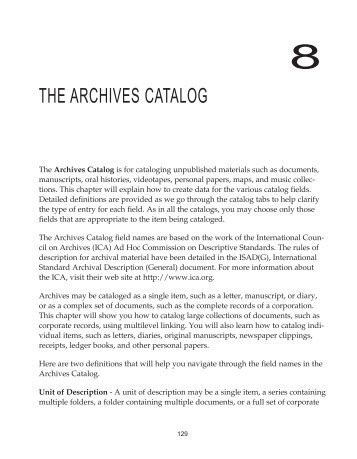 THE ARCHIVES CATALOG - PastPerfect Museum Software