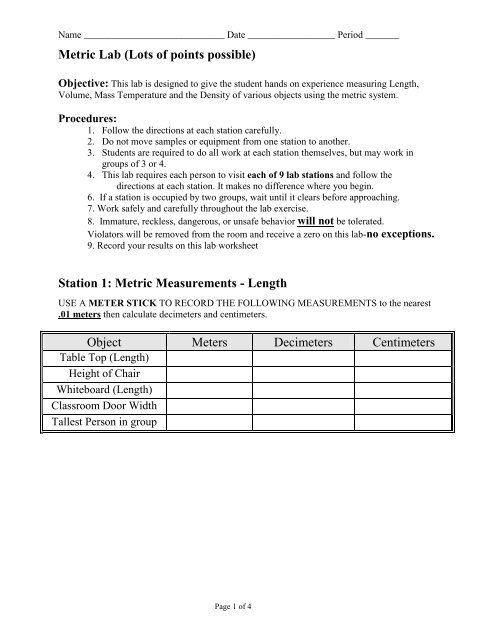 Metric Lab (Lots of points possible) Station 1: Metric ... - Mr.E Science