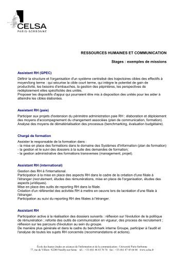 RESSOURCES HUMAINES ET COMMUNICATION Stages ... - Celsa