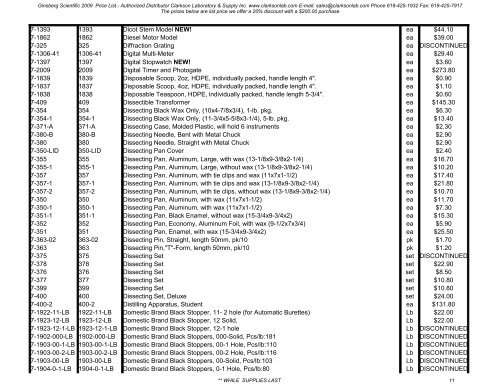 2009 Ginsberg Scientific Price List - Clarkson Laboratory and Supply