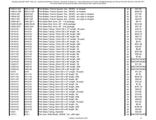 2009 Ginsberg Scientific Price List - Clarkson Laboratory and Supply