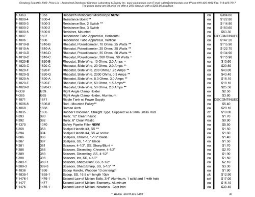 2009 Ginsberg Scientific Price List - Clarkson Laboratory and Supply