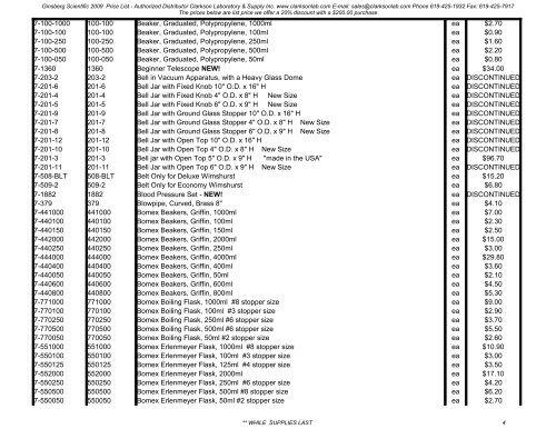 2009 Ginsberg Scientific Price List - Clarkson Laboratory and Supply