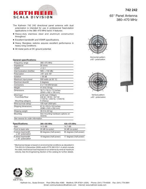 742 242 65 Panel Antenna 380 470 MHz Kathrein Scala Division