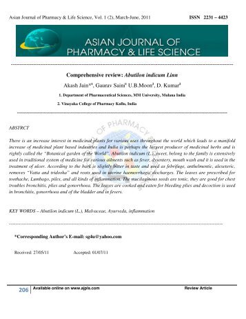 Asian Journal of Pharmacy & Life Science, Vol. 1 (2), March-June ...