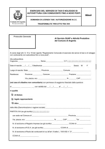 Modulo Domanda Licenza NCC - TAxi - Comune di Argenta