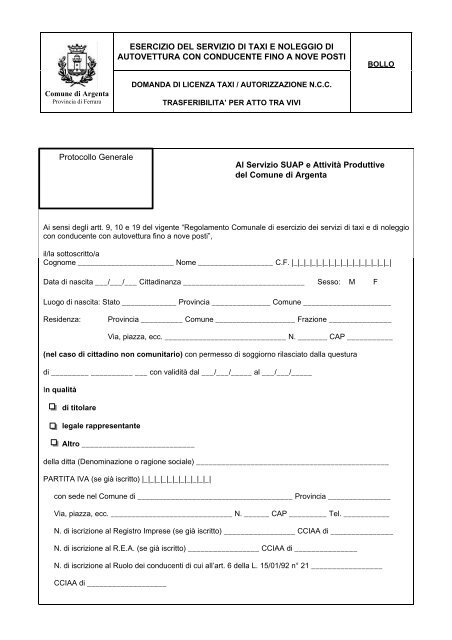 Modulo Domanda Licenza NCC - TAxi - Comune di Argenta