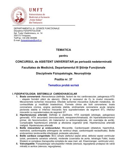 TEMATICA pentru CONCURSUL de ASISTENT UNIVERSITAR pe ...