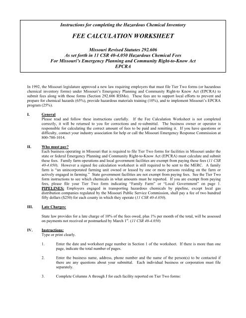 State Service Calculation Worksheet fee calculation worksheet - Missouri State Emergency Management ...