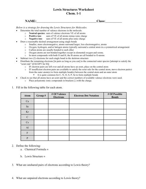 Lewis Structure Worksheet 1 Answers Worksheets For Kindergarten