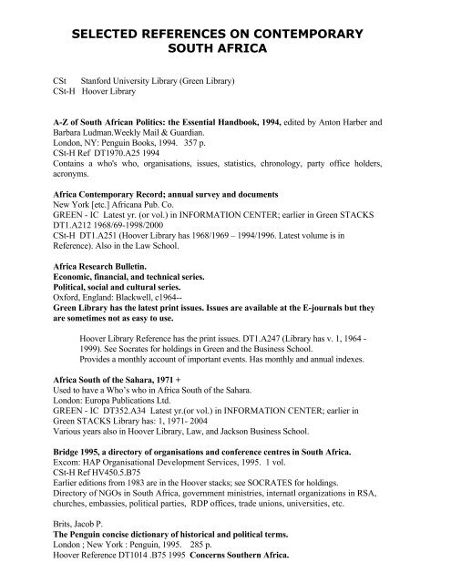 selected references on contemporary south africa - Stanford