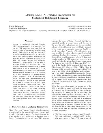 Markov Logic: A Unifying Framework for Statistical ... - Washington