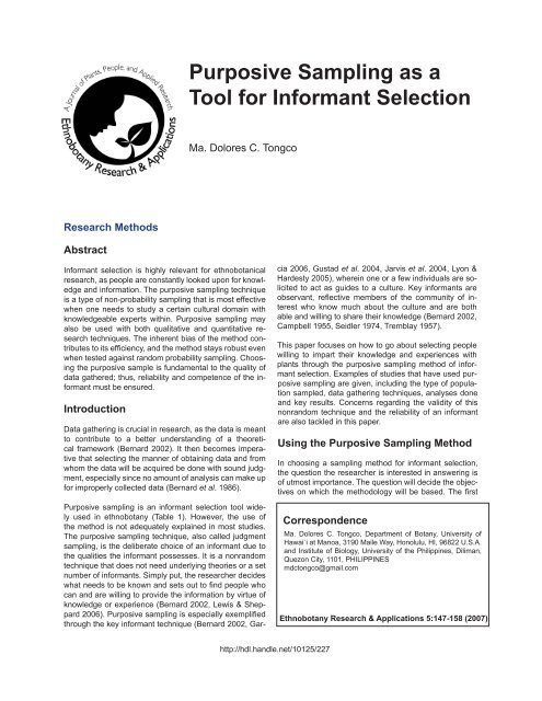 Purposive Sampling as a Tool for Informant Selection - ScholarSpace