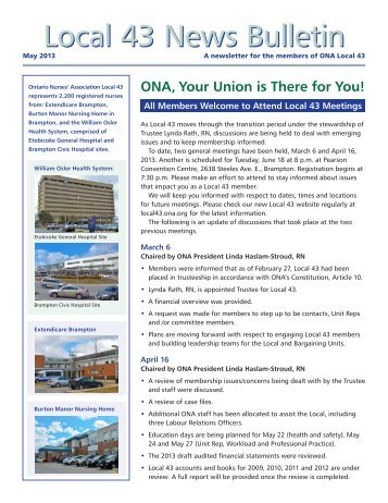 Download Local 43's May 2013 News Bulletin here - ONA Local 43