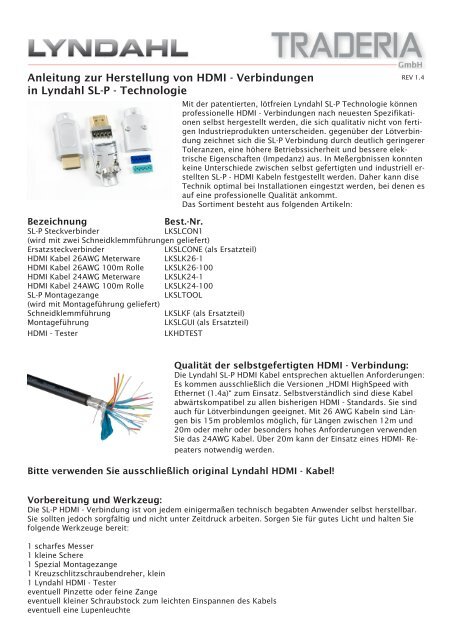 Anleitung zur Herstellung von HDMI - Verbindungen in Lyndahl SL-P